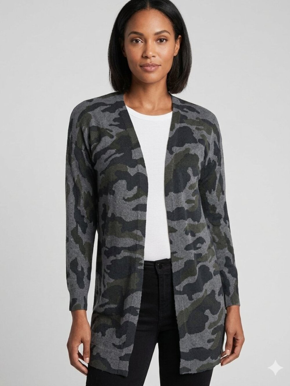Magaschoni Womens 100% Cashmere Camo Open Front Longline Cardigan Sweater Sz M